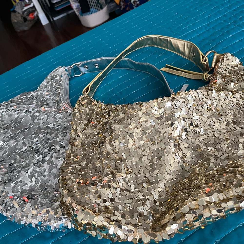 Sequin purses in silver and gold.